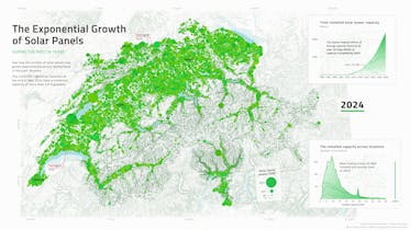La vidéo montre le développement de l'énergie photovoltaïque en Suisse entre 1998 et 2024.
